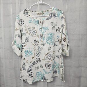 Orchadia Blouse Peasant Boho Linen Pintuck White Blue Festival Summer L